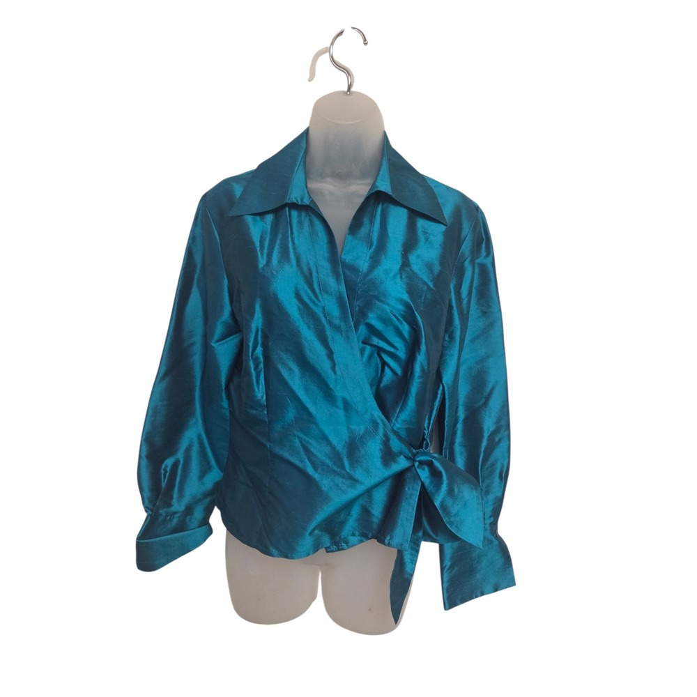 Vintage Sunny Taylor 100% Silk Teal Wrap Tie Front Blouse Size 12 Y2K